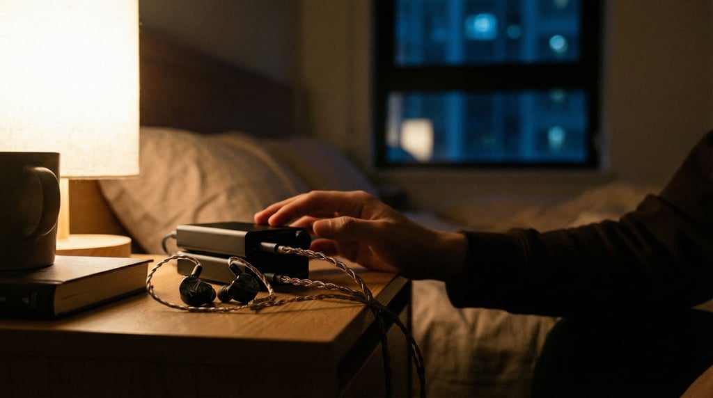 A portable DAC/amp stack connected to high-end earphones, audiophile desktop setup