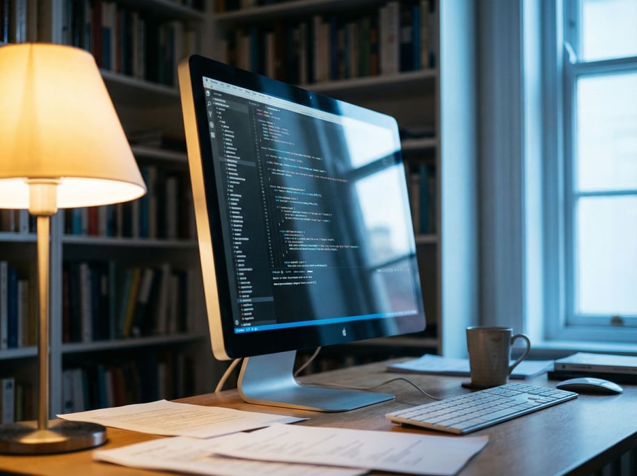 A monitor displaying code, shot from the side at an angle, ambient room light (zaqzzro6)