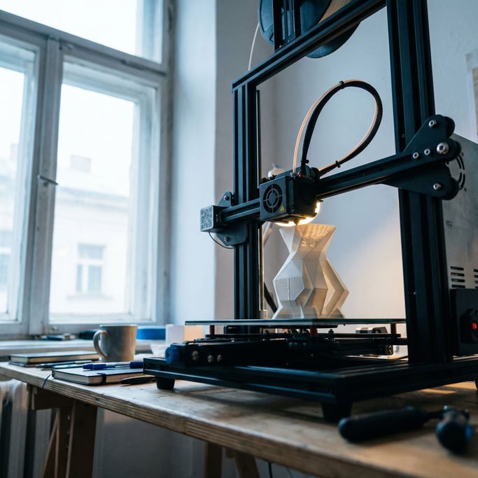 A 3D printer mid-print, filament extruding layer by layer, the object half-formed, macro detail (xbhiysiu)