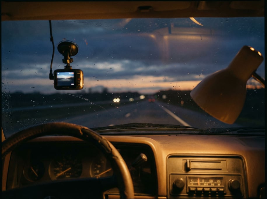 A dash cam mounted on a windshield, highway stretching ahead, dashboard details in foreground (3tedlt4j)