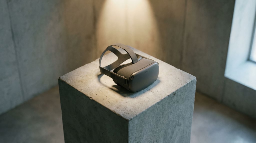A VR headset resting on a concrete pedestal like a museum piece, single overhead spotlight (jewdswyu)