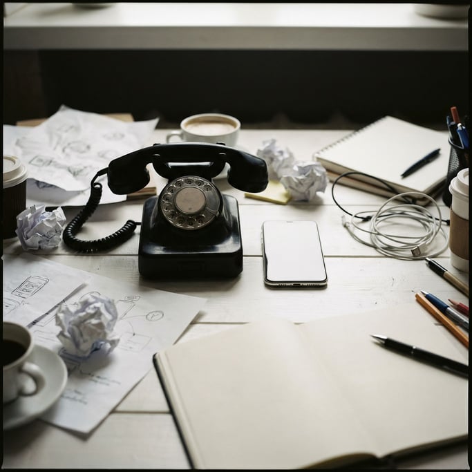 An old rotary phone next to a modern smartphone, both on a white surface, decades between them