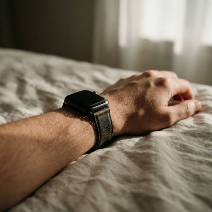 A smartwatch on a bare wrist, natural light, skin texture visible, intimate and personal (kfhd3dzw)