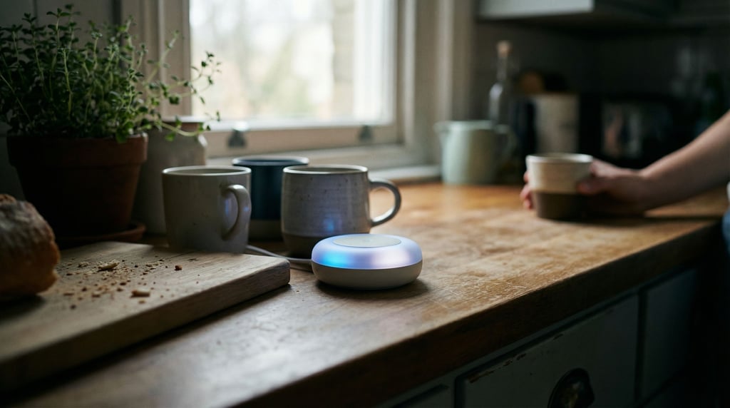 A smart home hub on a kitchen counter, status lights pulsing, integrated into daily life
