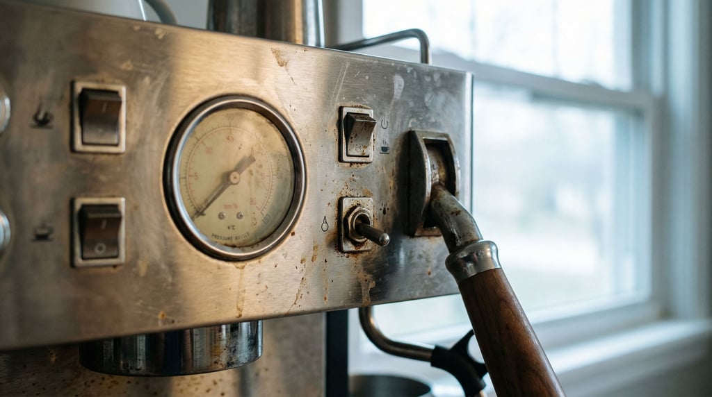 An espresso machine control panel in brushed steel, pressure gauge and switches