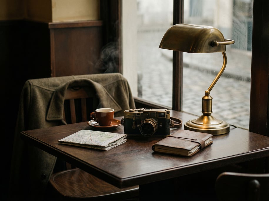 A Leica rangefinder on a cafe table next to an espresso, brass patina from decades of use