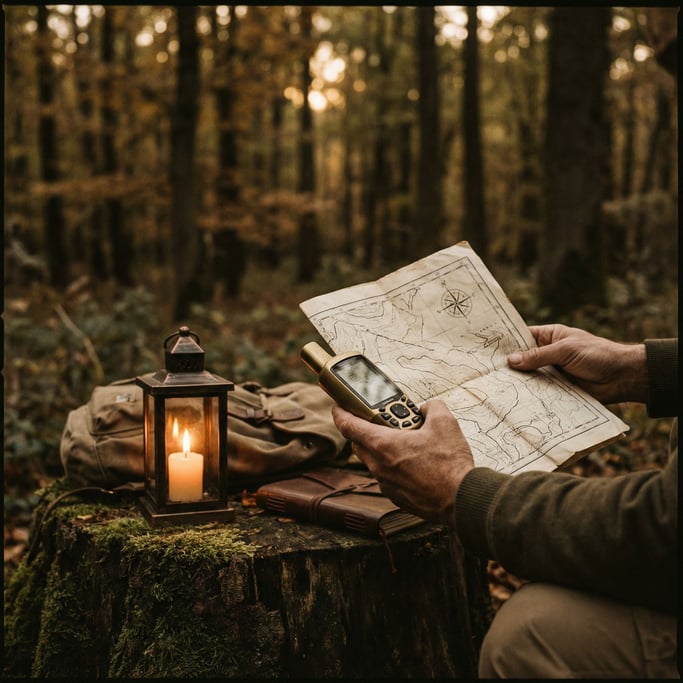 A handheld GPS unit on a topographic map, forest setting, explorer's hands holding both (gbrsj)
