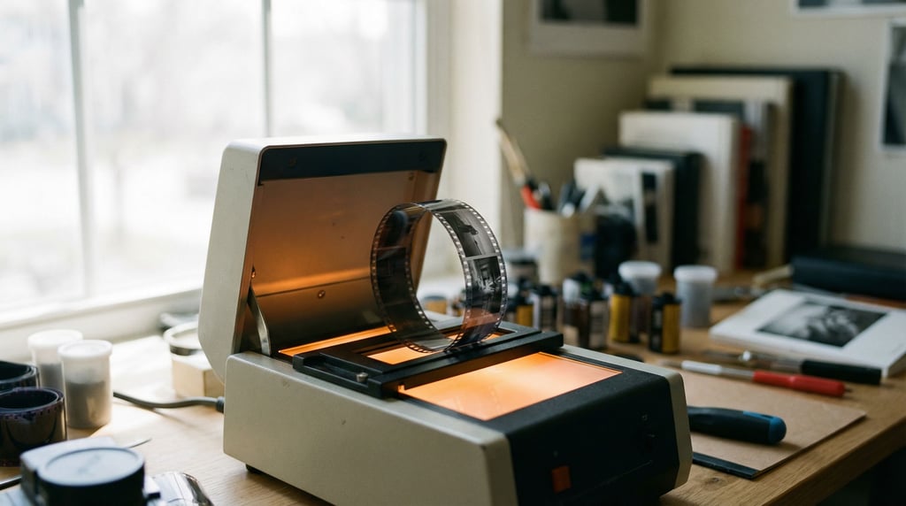 A film scanner with a strip of 35mm negatives threading through, orange glow of the light bed
