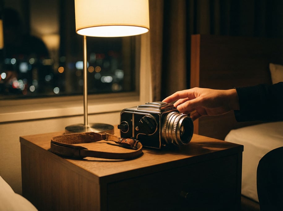 A Hasselblad medium format camera body on a leather strap, chrome details catching window light