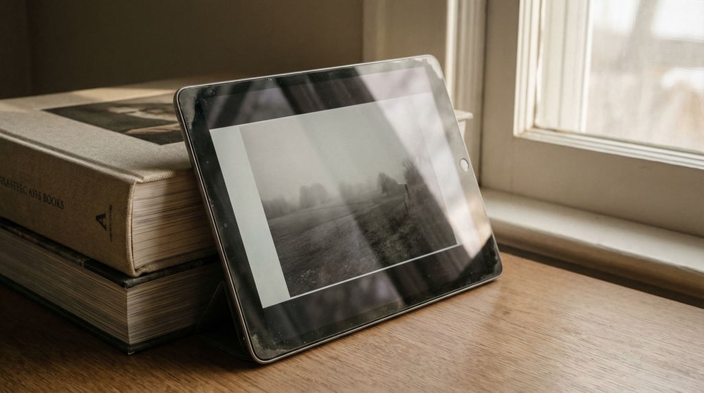 A tablet propped against a stack of art books, displaying a black and white photograph (cxs)