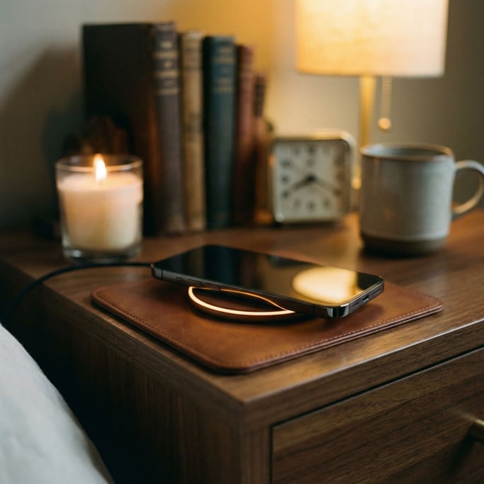 A wireless charging pad with a phone resting on it, soft LED indicator glowing, nightstand setting (1ka0v6h)