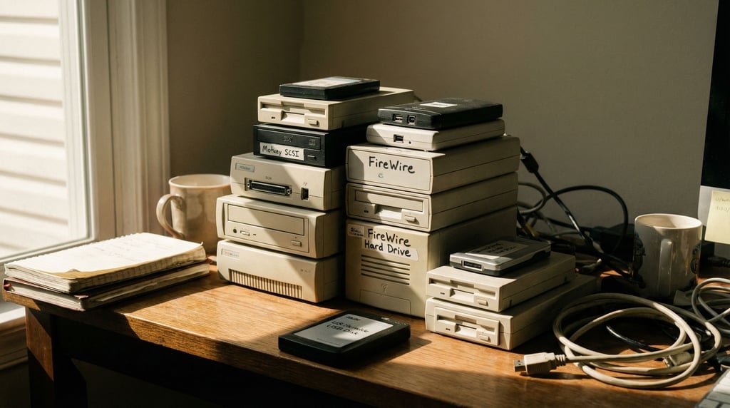 A stack of external hard drives on a desk, each a different era of design, technology archaeology (a33nthp)