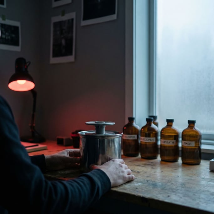 A film developing tank with reels, darkroom red safelight, chemistry bottles lined up behind