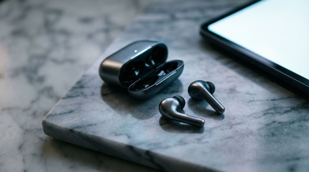 Earbuds spilling from their case onto a marble surface, morning light catching the metallic finish (idklwwt)