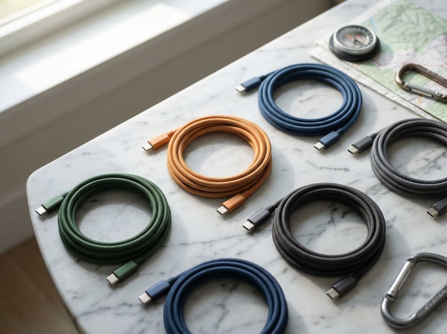 Coiled USB-C cables in different colors on a marble surface, geometric arrangement, overhead shot