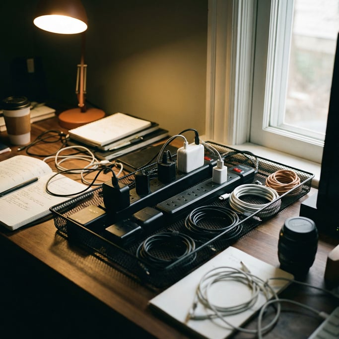 A cable management tray under a desk, neatly organized power strips and adapters, satisfying order