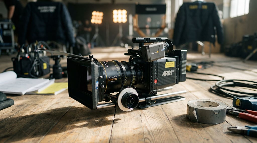 An anamorphic cinema lens on a camera rig, oval bokeh visible in the background, film set (irxhhwdl)