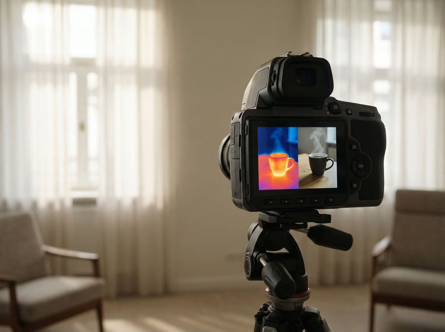 A thermal imaging camera showing a heat map of a coffee cup, split view of thermal and visible