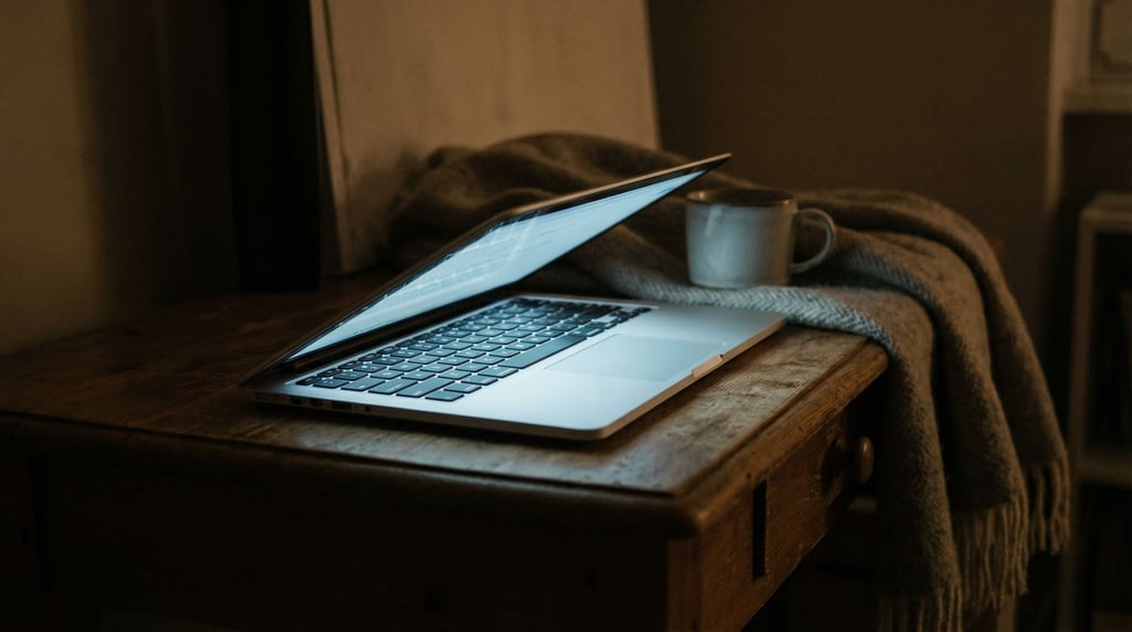 A laptop half-open in a dim room, screen light cutting through the darkness softly (nyjehvk0)