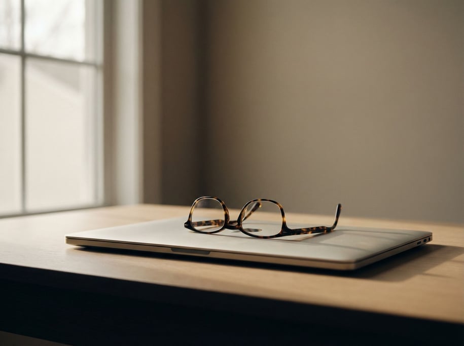 A pair of reading glasses resting on a closed laptop, late afternoon window light (ihl6igtf)
