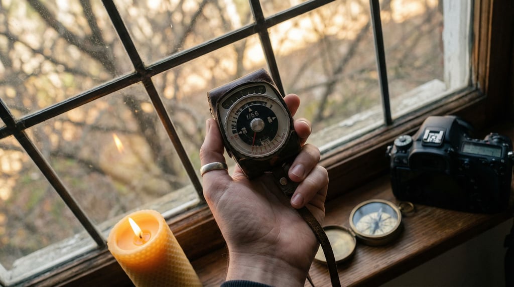 A light meter held up to a window, analog needle mid-swing, photographer's hand in frame (hfhl9ptp)