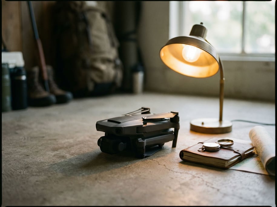 A drone folded on a clean concrete surface, propellers tucked, diffused light from above (yx8okxw6)