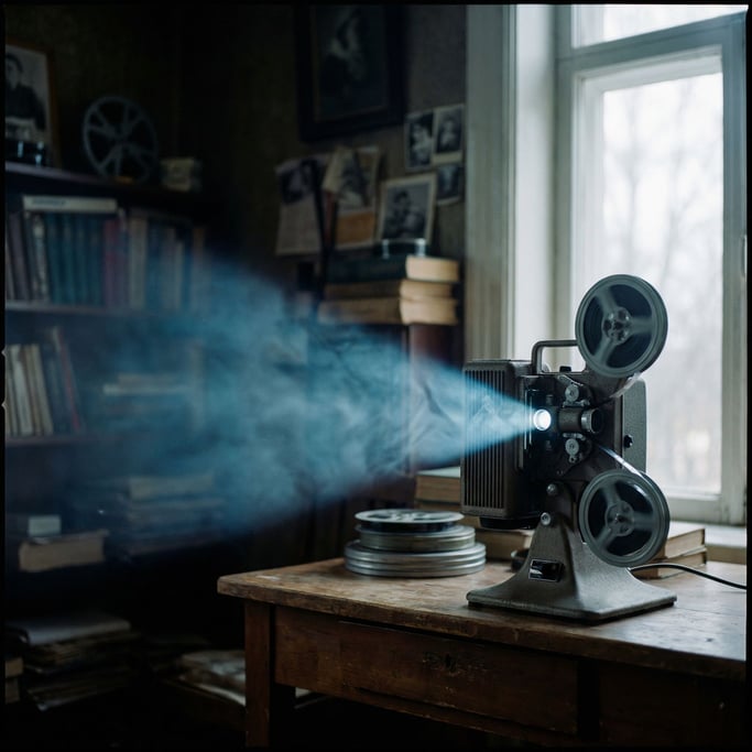 A projector throwing light into a dark room, dust visible in the beam, screen out of frame (1k7gd4vk)
