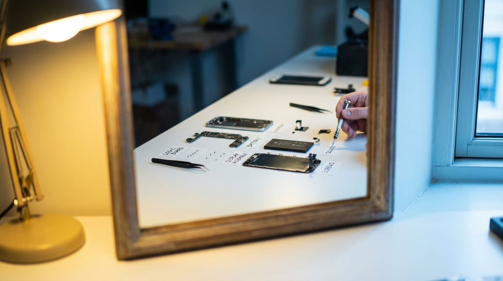 A disassembled smartphone laid out neatly on a white surface, components labeled, repair in progress (uhnfrsc)