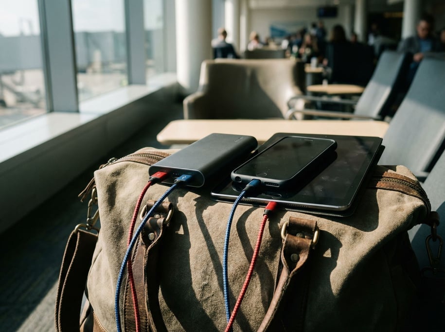 A power bank connected to two devices via braided cables, travel bag context, airport lounge