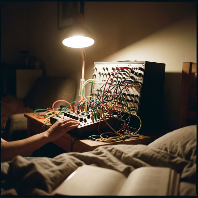 An analog synthesizer with patch cables tangled like colored vines, knobs and switches in macro