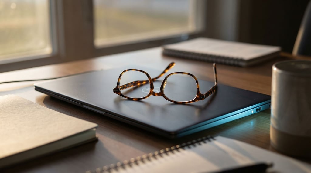 A pair of reading glasses resting on a closed laptop, late afternoon window light (xvzf2juq)