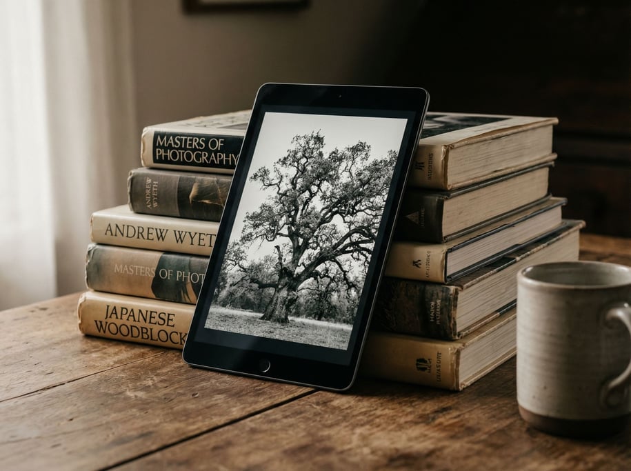 A tablet propped against a stack of art books, displaying a black and white photograph (ttjgn9l)