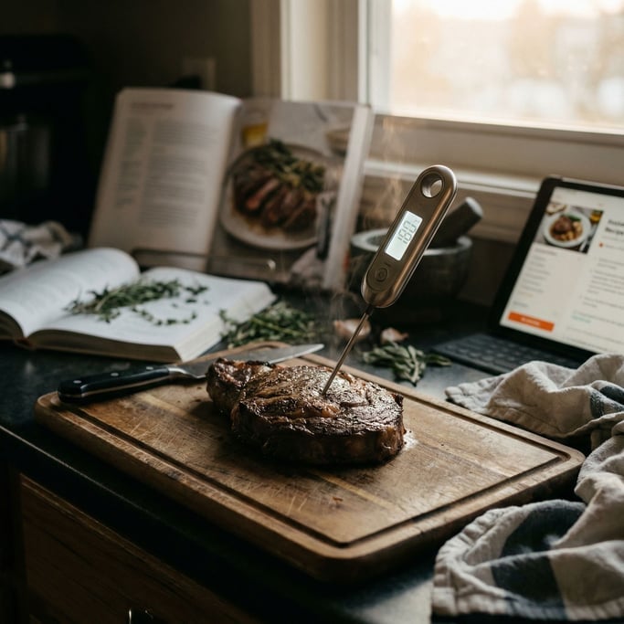 An instant-read thermometer stuck in a steak on a cutting board, kitchen tech meets analog craft