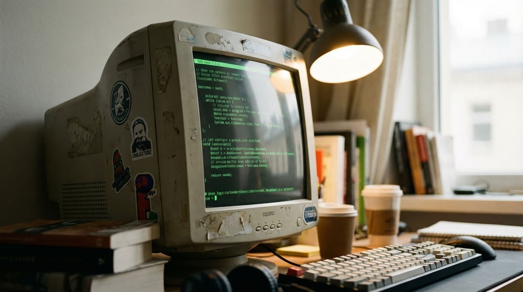 A monitor displaying code, shot from the side at an angle, ambient room light (inavei9i)