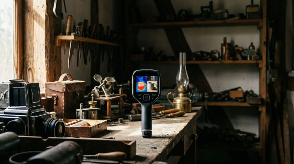 A thermal imaging camera showing a heat map of a coffee cup, split view of thermal and visible (wai4phnk)