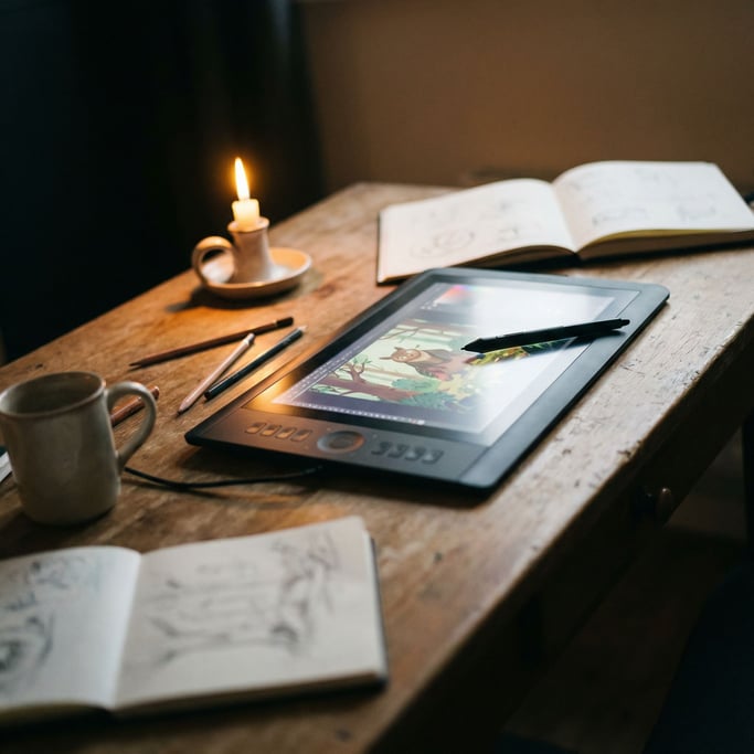 A graphics tablet and stylus on a designer's desk, screen showing digital illustration in progress (2fij0g0r)