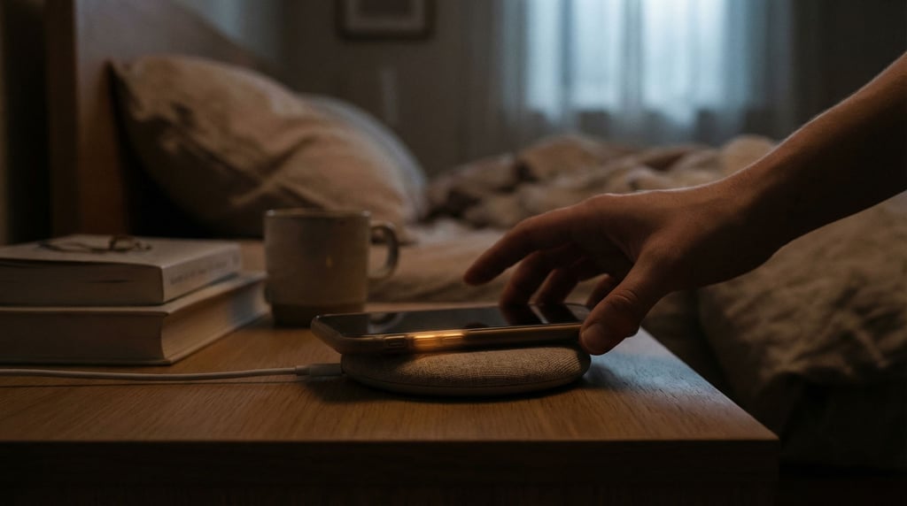A wireless charging pad with a phone resting on it, soft LED indicator glowing, nightstand setting (db0xpdlf)