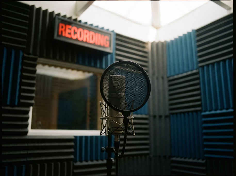 A microphone in a vocal booth, pop filter in front, foam walls behind, red recording light on (ycgefkxd)