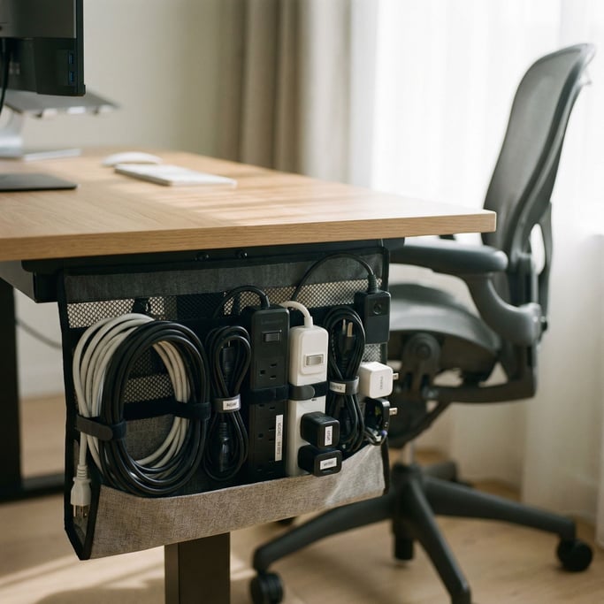 A cable management tray under a desk, neatly organized power strips and adapters, satisfying order (pxbwaw8j)