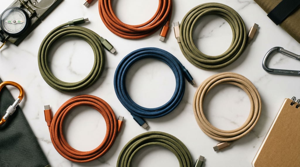 Coiled USB-C cables in different colors on a marble surface, geometric arrangement, overhead shot (69pwkkti)