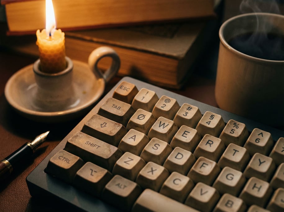 A mechanical keyboard with custom keycaps, macro view showing surface texture and legends (mdqw3msn)