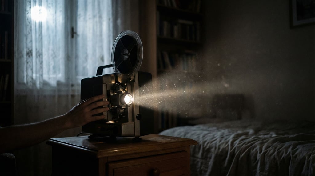 A projector throwing light into a dark room, dust visible in the beam, screen out of frame (ic4lwyzs)