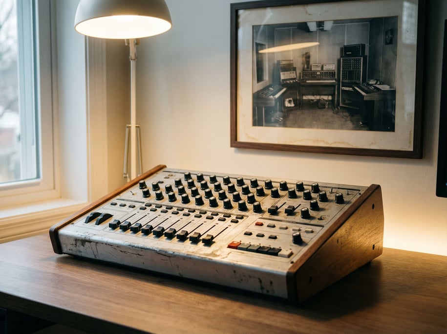 A MIDI controller with knobs and sliders, soft overhead light revealing surface wear (9u09cvo9)