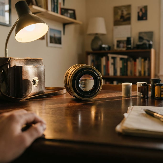 A camera lens standing upright on a reflective surface, internal elements visible through glass (t6x1neuh)