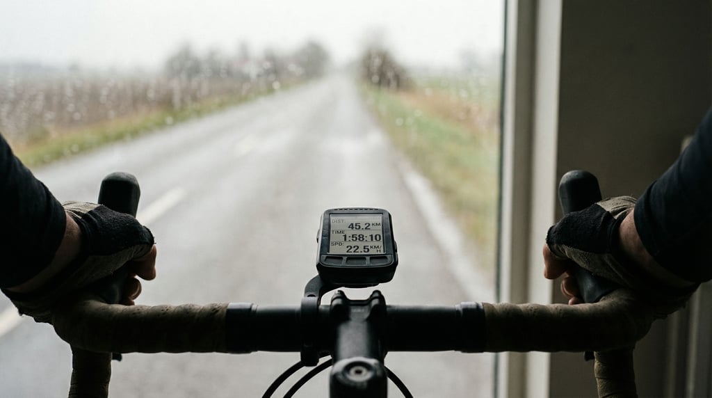A bicycle computer mounted on handlebars, displaying stats, road blurred below (kbkpzwbk)
