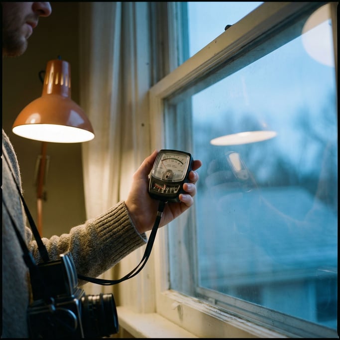 A light meter held up to a window, analog needle mid-swing, photographer's hand in frame (7digit5l)