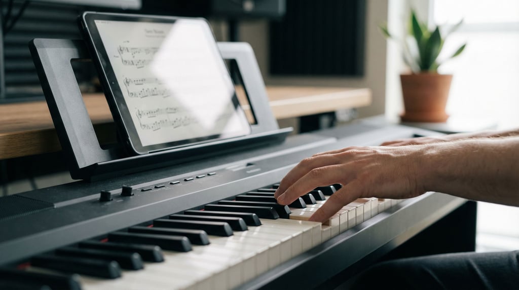 A digital piano keyboard, fingers mid-chord, sheet music on the tablet above, home studio (kootkgus)