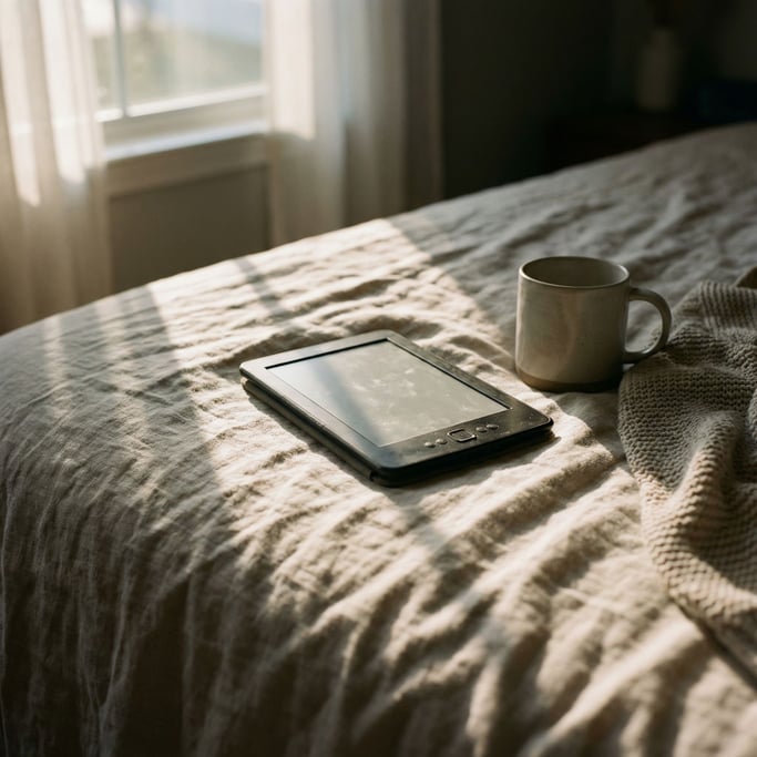 An e-reader on rumpled bed sheets, morning light from a nearby window, lived-in scene (jfbciwif)