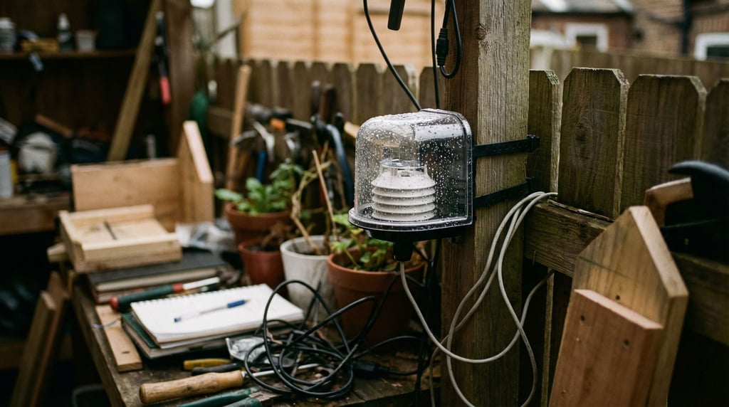 A weather station sensor mounted on a wooden post, rain droplets on the housing, garden setting (585wysl)