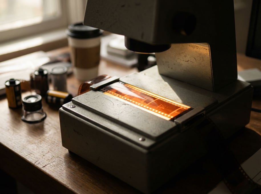 A film scanner with a strip of 35mm negatives threading through, orange glow of the light bed (xo1hjv1p)